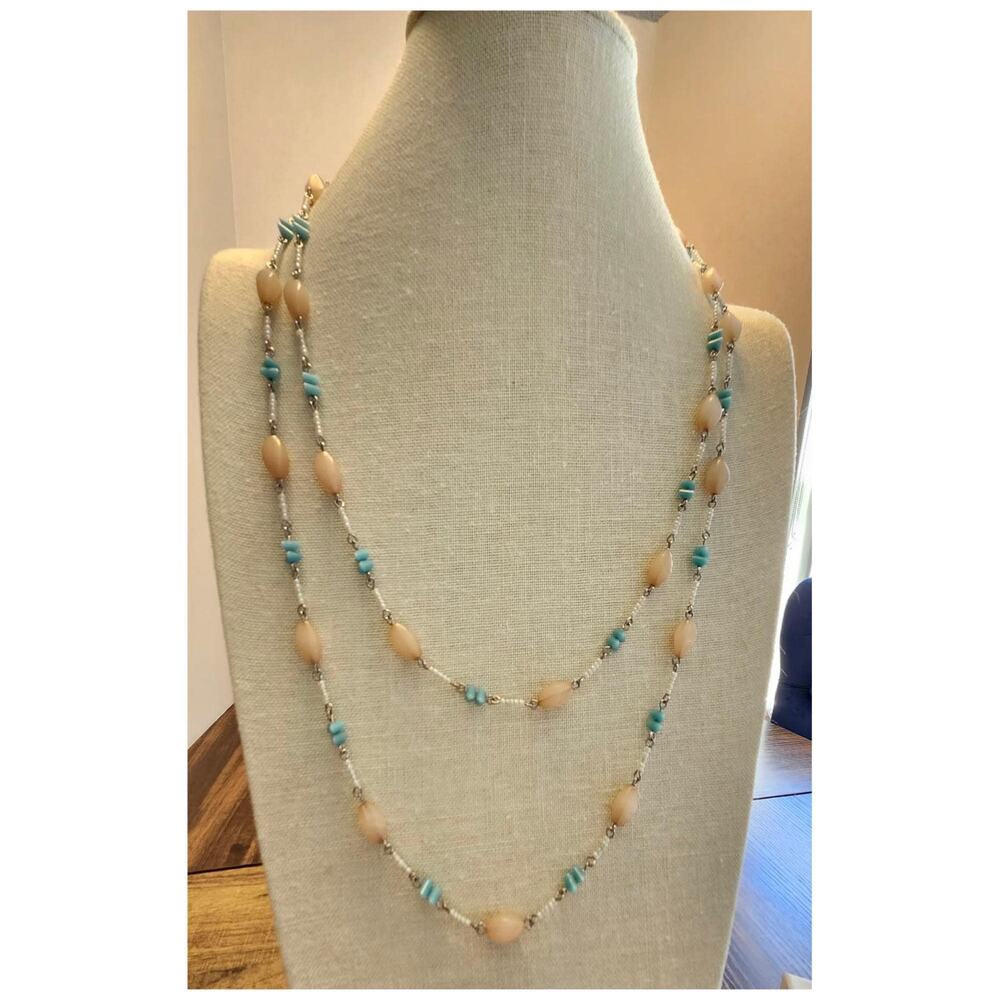 Vintage Pink and Blue Beaded Extra Long Necklace, 56" long